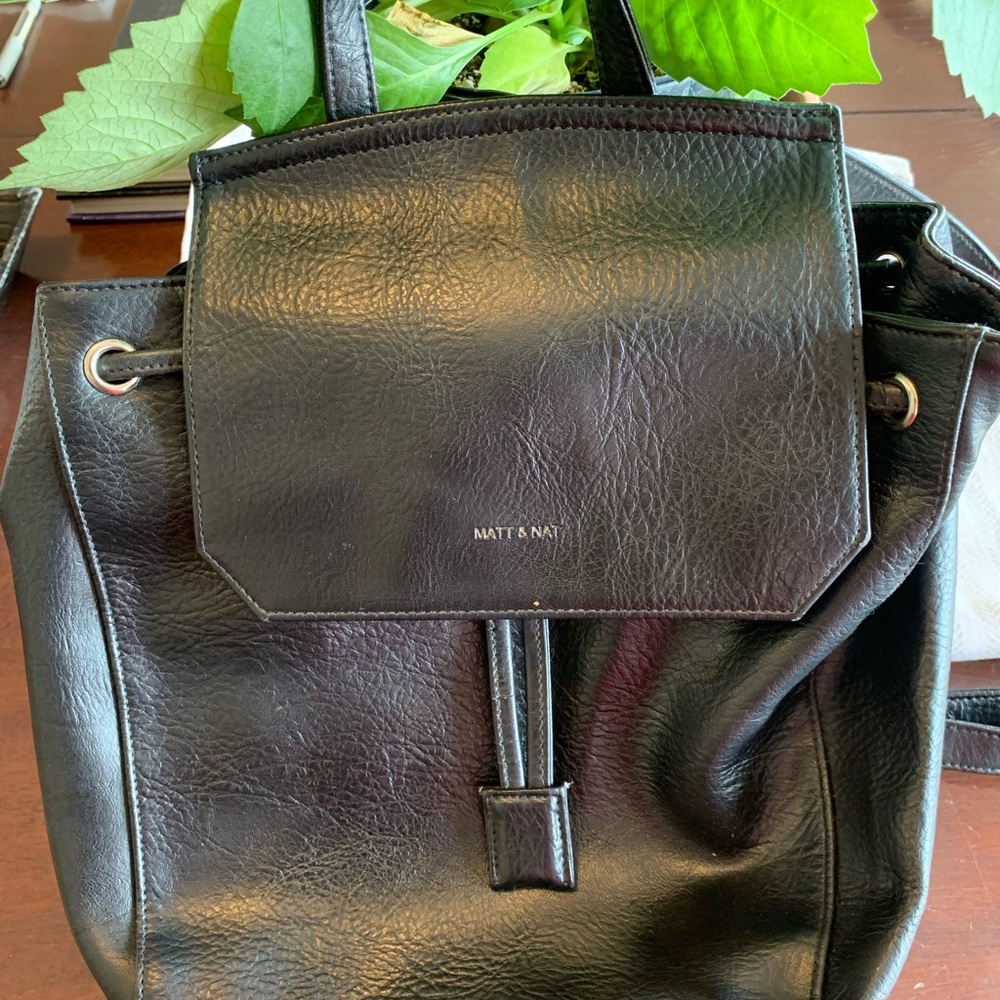 Matt & Nat Black Vegan Leather Drawstring Backpack Tote